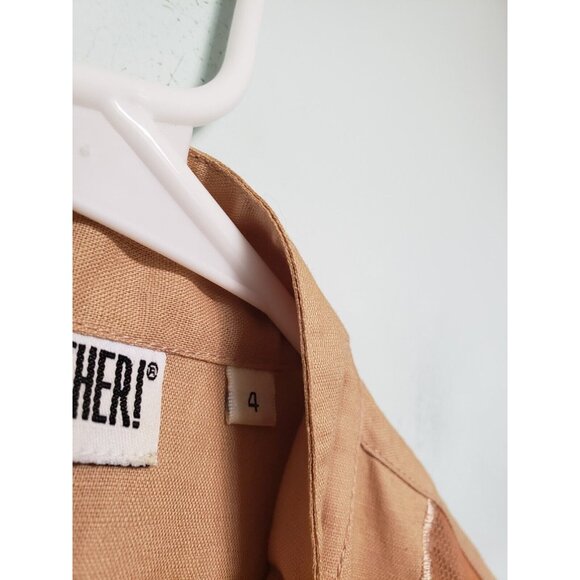 Together! Womens 4 Asian Blouse Linen Blend Tan Open Work Mandarin Knot Floral - Picture 6 of 6